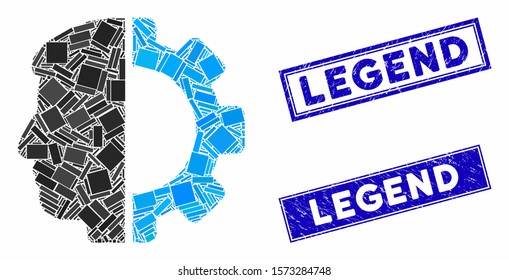 Mosaic android head pictogram and rectangular Legend seal stamps. Flat vector android head mosaic pictogram of scattered rotated rectangular elements. Blue Legend seal stamps with grunged surface.