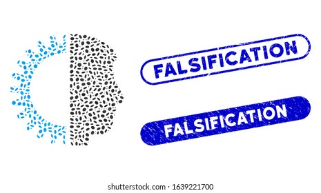 Mosaic android head and rubber stamp seals with Falsification caption. Mosaic vector android head is composed with random ellipse parts. Falsification stamp seals use blue color,