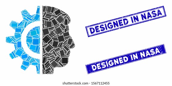 Mosaic android robotics pictogram and rectangular stamps. Flat vector android robotics mosaic icon of random rotated rectangular items. Blue caption rubber stamps with rubber textures.