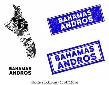 Mosaic Andros Island of Bahamas map and rectangle stamps. Flat vector Andros Island of Bahamas map mosaic of random rotated rectangle items. Blue caption stamps with dirty texture.
