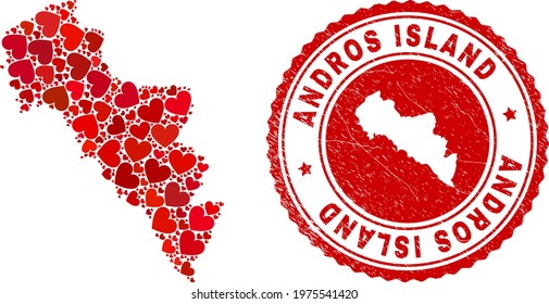 Mosaic Andros Island of Greece map designed with red love hearts, and textured seal stamp. Vector lovely round red rubber seal imitation with Andros Island of Greece map inside.