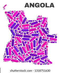 Mosaic Angola map isolated on a white background. Vector geographic abstraction in pink and violet colors. Mosaic of Angola map combined of scattered circle points and lines.