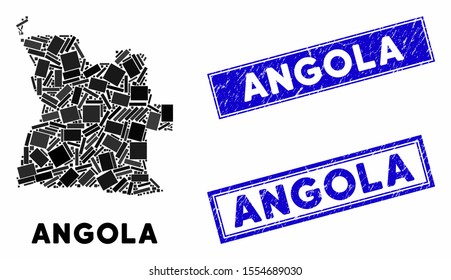 Mosaic Angola map and rectangle seal stamps. Flat vector Angola map mosaic of randomized rotated rectangle items. Blue caption seal stamps with scratched texture.