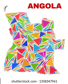 Mosaic Angola map of triangles in bright colors isolated on a white background. Triangular collage in shape of Angola map. Abstract design for patriotic purposes.