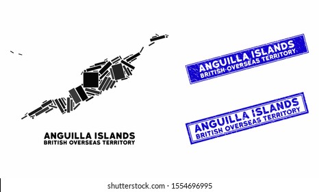Mosaic Anguilla Islands map and rectangular stamps. Flat vector Anguilla Islands map mosaic of randomized rotated rectangular items. Blue caption rubber stamps with distress texture.