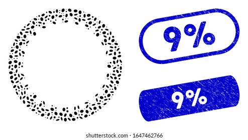 Mosaic annular gear and corroded stamp seals with 9% text. Mosaic vector annular gear is created with randomized oval parts. 9% stamp seals use blue color, and have round rectangle shape.