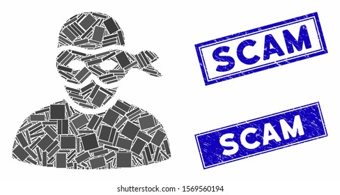 Mosaic anonimious thief icon and rectangular rubber prints. Flat vector anonimious thief mosaic icon of random rotated rectangle elements. Blue caption rubber stamps with dirty surface.