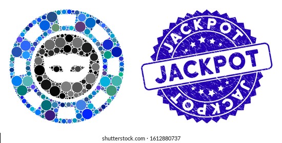 Mosaic anonymous casino chip icon and corroded stamp seal with Jackpot phrase. Mosaic vector is formed with anonymous casino chip icon and with random circle spots. Jackpot stamp seal uses blue color,