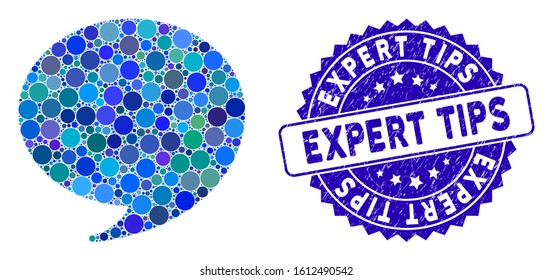 Mosaic answer icon and rubber stamp seal with Expert Tips caption. Mosaic vector is composed with answer pictogram and with scattered round elements. Expert Tips seal uses blue color,