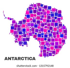 Mosaic Antarctica continent map isolated on a white background. Vector geographic abstraction in pink and violet colors. Mosaic of Antarctica continent map combined of random square items.