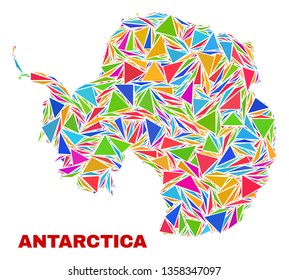 Mosaic Antarctica continent map of triangles in bright colors isolated on a white background. Triangular collage in shape of Antarctica continent map. Abstract design for patriotic decoration.