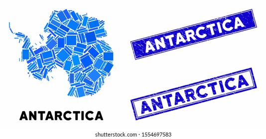 Mosaic Antarctica map and rectangle rubber prints. Flat vector Antarctica map mosaic of randomized rotated rectangle elements. Blue caption rubber seals with scratched texture.