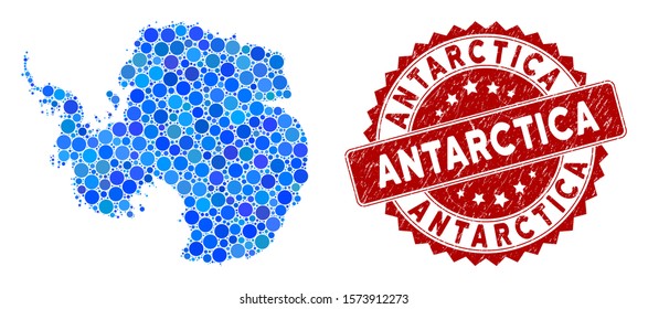 Mosaic Antarctica map and round rubber print. Flat vector Antarctica map mosaic of randomized round items. Red stamp imprint with rubber design. Designed for political and patriotic applications.
