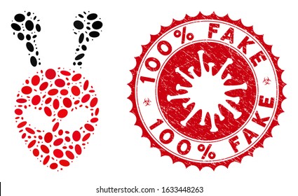 Mosaic antenna alien head icon and red rounded distressed stamp seal with 100% Fake caption and coronavirus symbol.