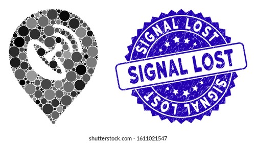 Mosaic antenna map marker icon and grunge stamp watermark with Signal Lost phrase. Mosaic vector is composed with antenna map marker icon and with scattered spheric elements.