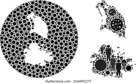 Mosaic Antigua and Barbuda map designed from viral items and people and mortal items. Infection virus Antigua and Barbuda map mosaic designed with circle and subtracted space.