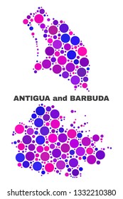 Mosaic Antigua and Barbuda map isolated on a white background. Vector geographic abstraction in pink and violet colors. Mosaic of Antigua and Barbuda map combined of scattered spheric points.