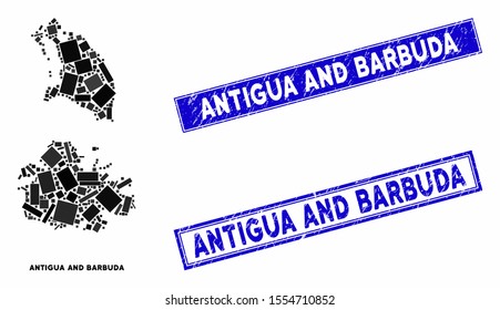Mosaic Antigua and Barbuda map and rectangle seal stamps. Flat vector Antigua and Barbuda map mosaic of randomized rotated rectangle elements. Blue caption stamps with rubber surface.