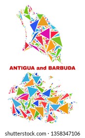 Mosaic Antigua and Barbuda map of triangles in bright colors isolated on a white background. Triangular collage in shape of Antigua and Barbuda map. Abstract design for patriotic illustrations.