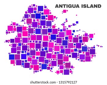 Mosaic Antigua Island map isolated on a white background. Vector geographic abstraction in pink and violet colors. Mosaic of Antigua Island map combined of scattered small squares.