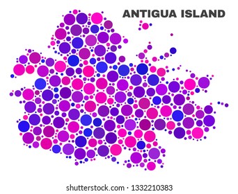 Mosaic Antigua Island map isolated on a white background. Vector geographic abstraction in pink and violet colors. Mosaic of Antigua Island map combined of scattered round points.