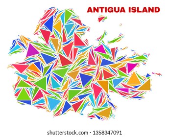 Mosaic Antigua Island map of triangles in bright colors isolated on a white background. Triangular collage in shape of Antigua Island map. Abstract design for patriotic purposes.