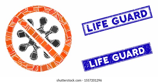 Mosaic antivirus icon and rectangular seals. Flat vector antivirus mosaic icon of random rotated rectangular items. Blue caption seals with scratched surface.