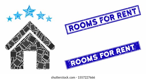 Mosaic apartment stars pictogram and rectangular seal stamps. Flat vector apartment stars mosaic icon of randomized rotated rectangle items. Blue caption seal stamps with dirty surface.