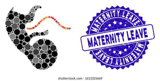 Mosaic ape embryo icon and grunge stamp watermark with Maternity Leave phrase. Mosaic vector is created with ape embryo icon and with scattered round spots. Maternity Leave stamp uses blue color,
