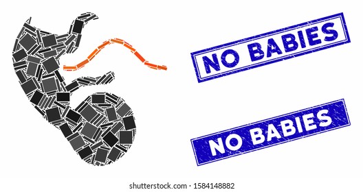 Mosaic ape embryo pictogram and rectangle No Babies seals. Flat vector ape embryo mosaic pictogram of scattered rotated rectangle elements. Blue No Babies seals with rubber surface.