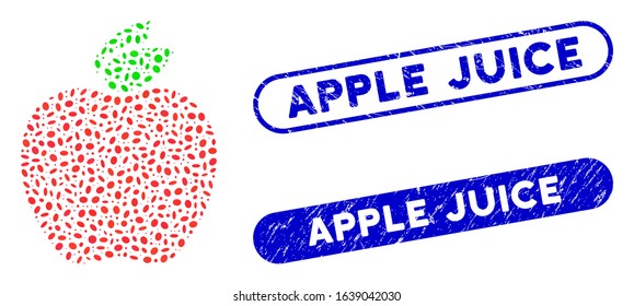 Mosaic apple and corroded stamp seals with Apple Juice text. Mosaic vector apple is designed with random ellipse elements. Apple Juice seals use blue color, and have round rectangle shape.