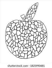 Mosaic apple. Outline coloring book page. Cartoon apple. Isolated on white. Ceramic tile apple silhouette.Trencadis broken tiles. Hand drawn ink, line art,  fruit  illustratiion. Mosaic color pieces.