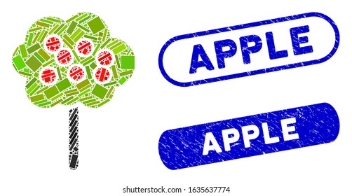 Mosaic apple tree and grunge stamp watermarks with Apple phrase. Mosaic vector apple tree is created with random rectangle items. Apple stamp seals use blue color, and have round rectangle shape.