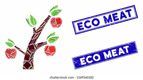 Mosaic apple tree pictogram and rectangle seals. Flat vector apple tree mosaic pictogram of random rotated rectangle elements. Blue caption rubber seals with scratched textures.