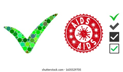 Mosaic apply icon and red round grunge stamp watermark with AIDS caption and coronavirus symbol. Mosaic vector is formed with apply icon and with scattered round items. AIDS stamp uses red color,