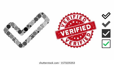 Mosaic apply icon and rubber stamp watermark with Verified caption. Mosaic vector is composed with apply icon and with scattered round spots. Verified stamp seal uses red color, and scratched design.