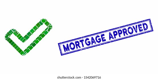 Mosaic apply tick and rubber stamp seal with Mortgage Approved phrase. Mosaic vector apply tick is composed with randomized rectangle items. Mortgage Approved stamp seal uses blue color.