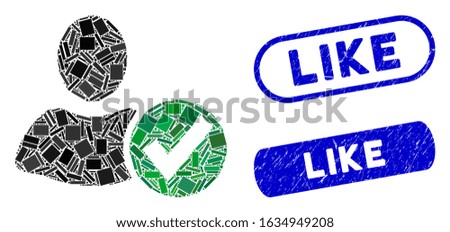 Mosaic apply user and rubber stamp watermarks with Like text. Mosaic vector apply user is formed with random rectangle items. Like stamp seals use blue color, and have round rectangle shape.