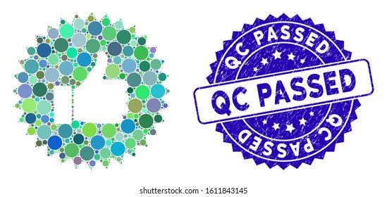 Mosaic approval rosette icon and distressed stamp seal with Qc Passed phrase. Mosaic vector is composed with approval rosette pictogram and with randomized round items.