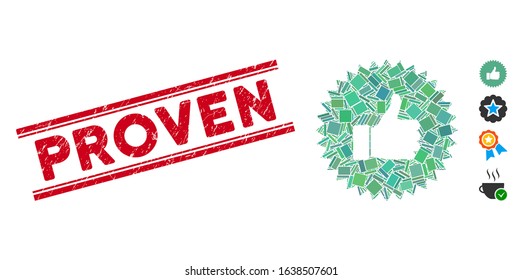 Mosaic approval rosette pictogram and red Proven stamp between double parallel lines. Flat vector approval rosette mosaic pictogram of random rotated rectangle items.