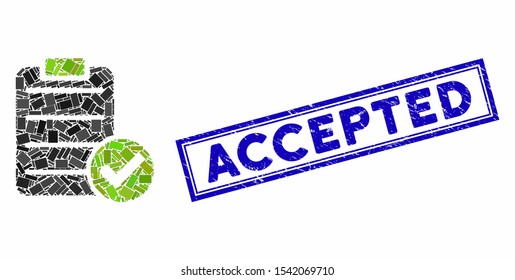 Mosaic approve list and distressed stamp seal with Accepted text. Mosaic vector approve list is designed with scattered rectangles. Accepted stamp seal uses blue color.