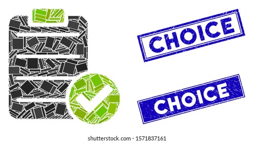 Mosaic approve list pictogram and rectangular Choice stamps. Flat vector approve list mosaic pictogram of randomized rotated rectangular elements. Blue Choice stamps with corroded surface.
