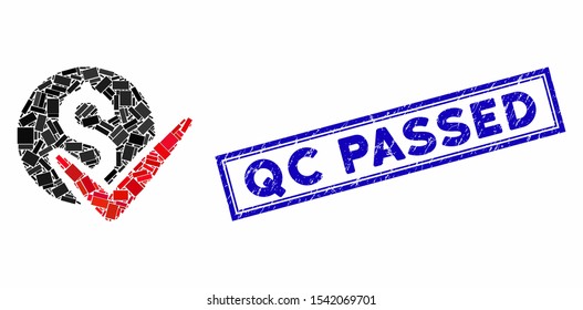 Mosaic approve payments and rubber stamp seal with Qc Passed phrase. Mosaic vector approve payments is composed with scattered rectangle items. Qc Passed stamp seal uses blue color.