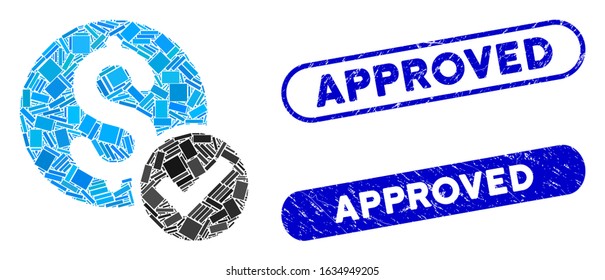 Mosaic approved payment and distressed stamp seals with Approved phrase. Mosaic vector approved payment is designed with randomized rectangles. Approved stamp seals use blue color,