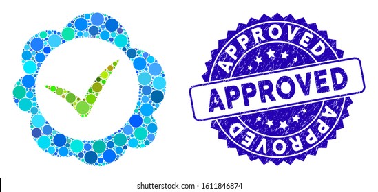 Mosaic approved stamp icon and corroded stamp seal with Approved phrase. Mosaic vector is created from approved stamp icon and with randomized spheric items. Approved stamp seal uses blue color,