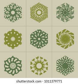 Mosaic arabic ornament. Vector hexagon emblems collection. Retro ornamental design.