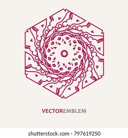 Mosaic arabic ornament. Vector outline hexagon emblem. Retro ornamental design.