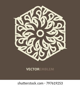 Mosaic arabic ornament. Vector outline hexagon emblem. Retro ornamental design.