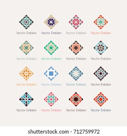 Mosaic arabic ornaments set. Vector rhombus emblems for luxury logos and retro ornamental design.