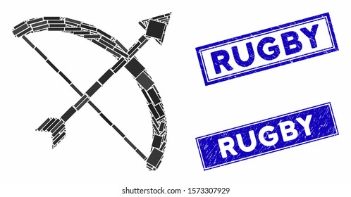 Mosaic archery bow pictogram and rectangle Rugby stamps. Flat vector archery bow mosaic pictogram of random rotated rectangle elements. Blue Rugby seal stamps with scratched texture.
